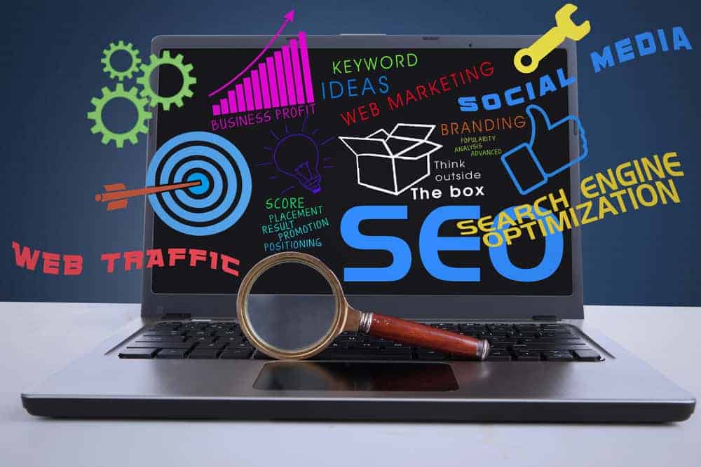 digital marketing graphic with icons for different services.