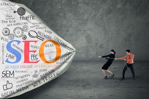 people pulling a flag with SEO content.