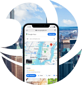 A smartphone displays a Google Maps search for "SEO Company NYC," highlighting New York City with its iconic skyline, while also featuring results for Search Engine Optimization Company Long Island, NY.