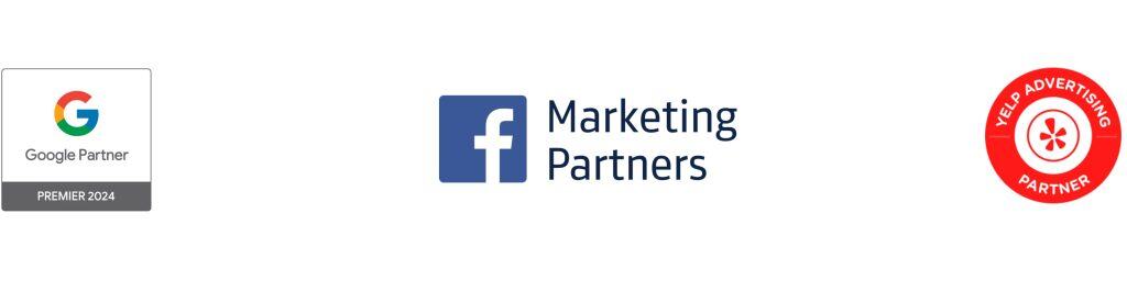 Three logos—Google Partner Premier 2024, Facebook Marketing Partners, and Yelp Advertising Partner—are displayed side by side on a white background, highlighting our credentials as a top SEO Company NYC and Search Engine Optimization Company Long Island, NY.