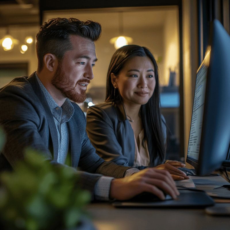 Professional team collaborating on a computer in modern office environment excellent teamwork and digital solutions.