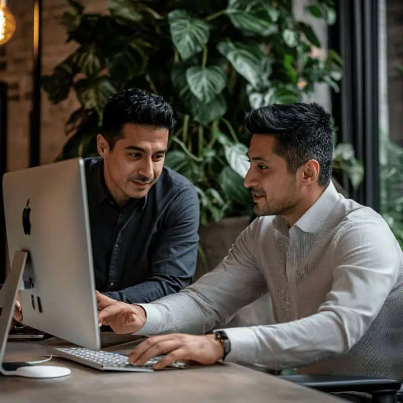 Professional business meeting discussing solutions at a desktop computer.