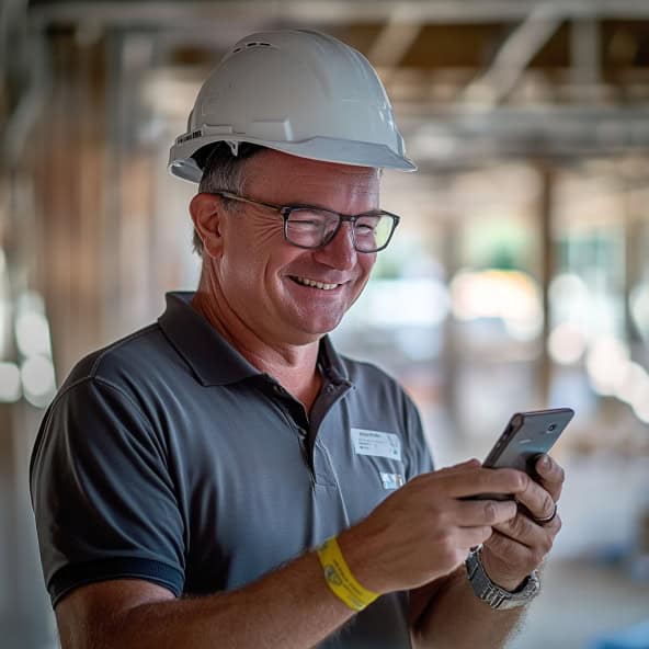 Smart construction professional using mobile device at building site, representing digital solutions for construction management, Hozio Inc.