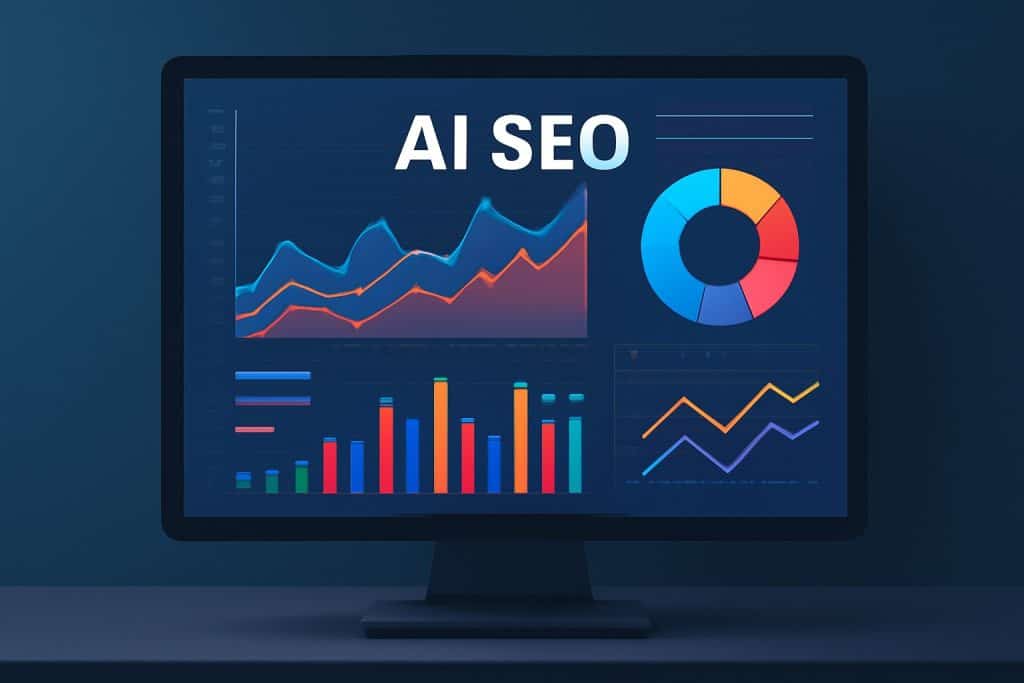 AI SEO analytics dashboard on computer screen with graphs and charts, optimizing online visibility.