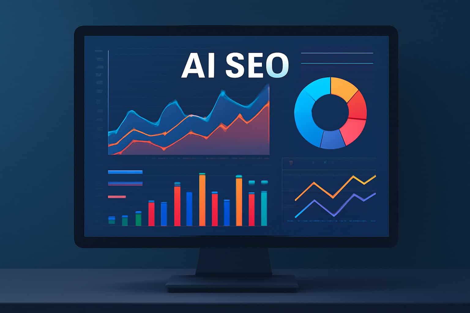 AI SEO analytics dashboard on computer screen with graphs and charts, optimizing online visibility.