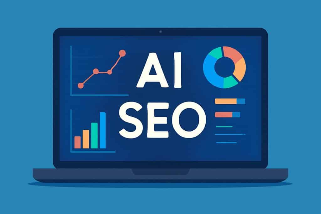 AI SEO analytics on laptop screen for digital marketing optimization.