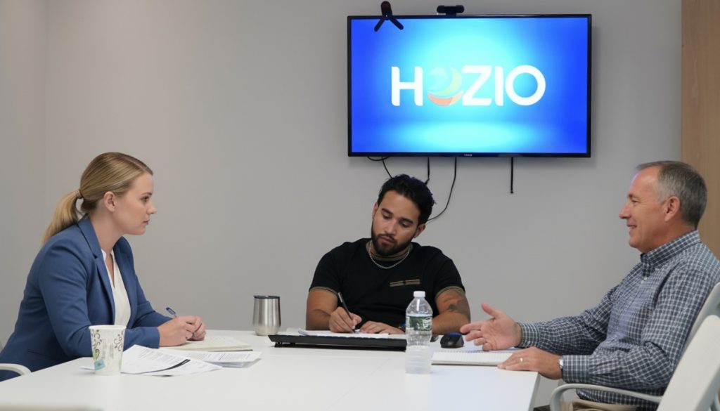 Three people are having a meeting in a conference room. A woman in a blue blazer listens, a man in a dark shirt takes notes, and another man speaks. The screen behind them displays "HOZIO," an SEO Company NYC team based in NY.