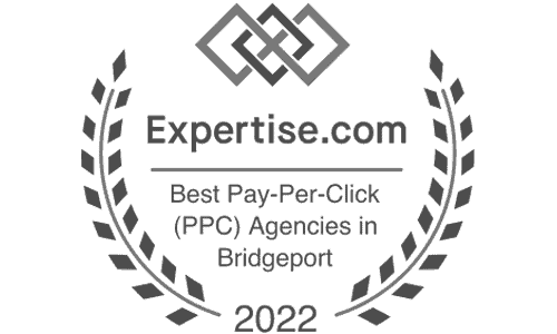 A gray award badge with laurel leaves, the Expertise.com logo, and text: "Best Pay-Per-Click (PPC) Agencies in Bridgeport 2022," recognizing top firms like SEO Company NYC for their excellence.