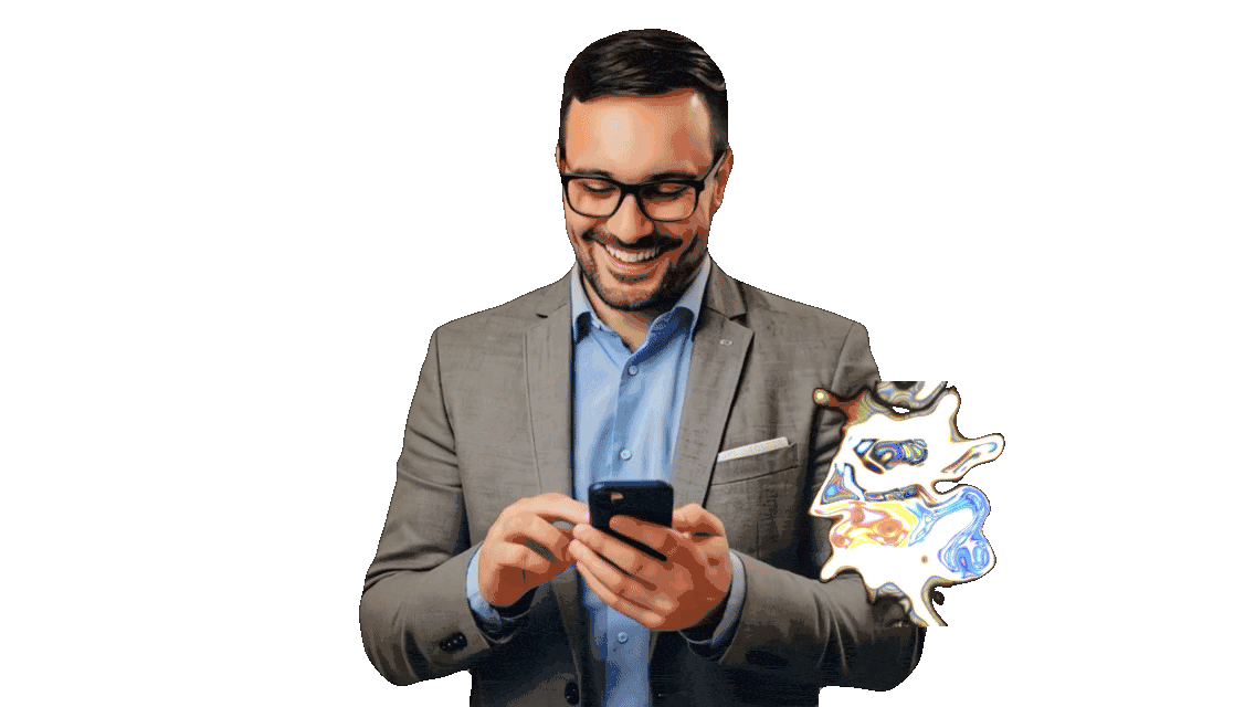 A man in a gray suit and blue shirt smiles while using a smartphone. Next to him, a colorful, abstract face-like digital illustration highlights his connection to an expert SEO Company NYC, NY on a dark background.