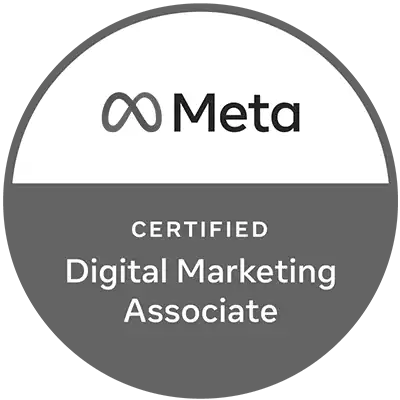 A grayscale badge displaying the Meta logo and the words "Certified Digital Marketing Associate," ideal for professionals from NY or those working with a top Search Engine Optimization Company Long Island.