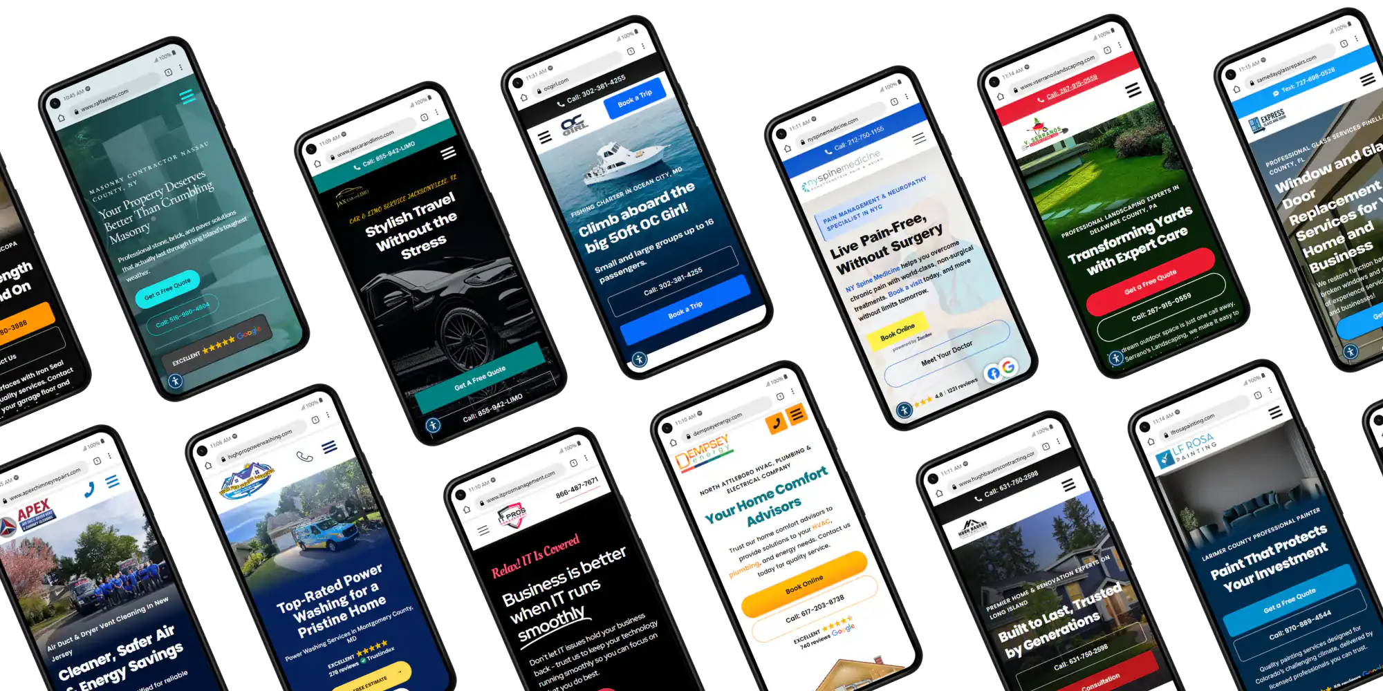 Thirteen smartphones display various website homepages, each with distinct designs and branding, arranged diagonally on a white background—showcasing responsive web layouts by a leading SEO Company NYC.