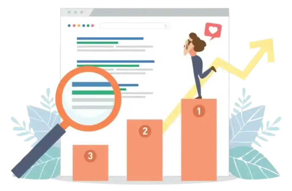 A cartoon person celebrates on a podium labeled 1 to 3, with an upward arrow and magnifying glass, in front of a search engine results page—perfect for an SEO Company NYC or Search Engine Optimization Company Long Island.
