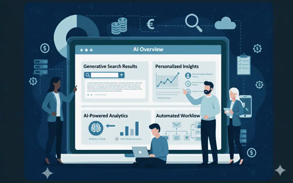 Illustration of four people discussing AI data on a large screen displaying sections like Generative Search Results, Personalized Insights, AI-Powered Analytics, and Automated Workflow, with digital icons in the background.