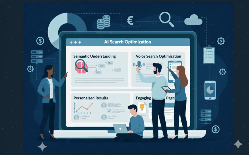Illustration of four people analyzing a large computer screen displaying AI search optimization concepts, including semantic understanding, voice search optimization, personalized results, and engaging pages, with technology icons in the background.