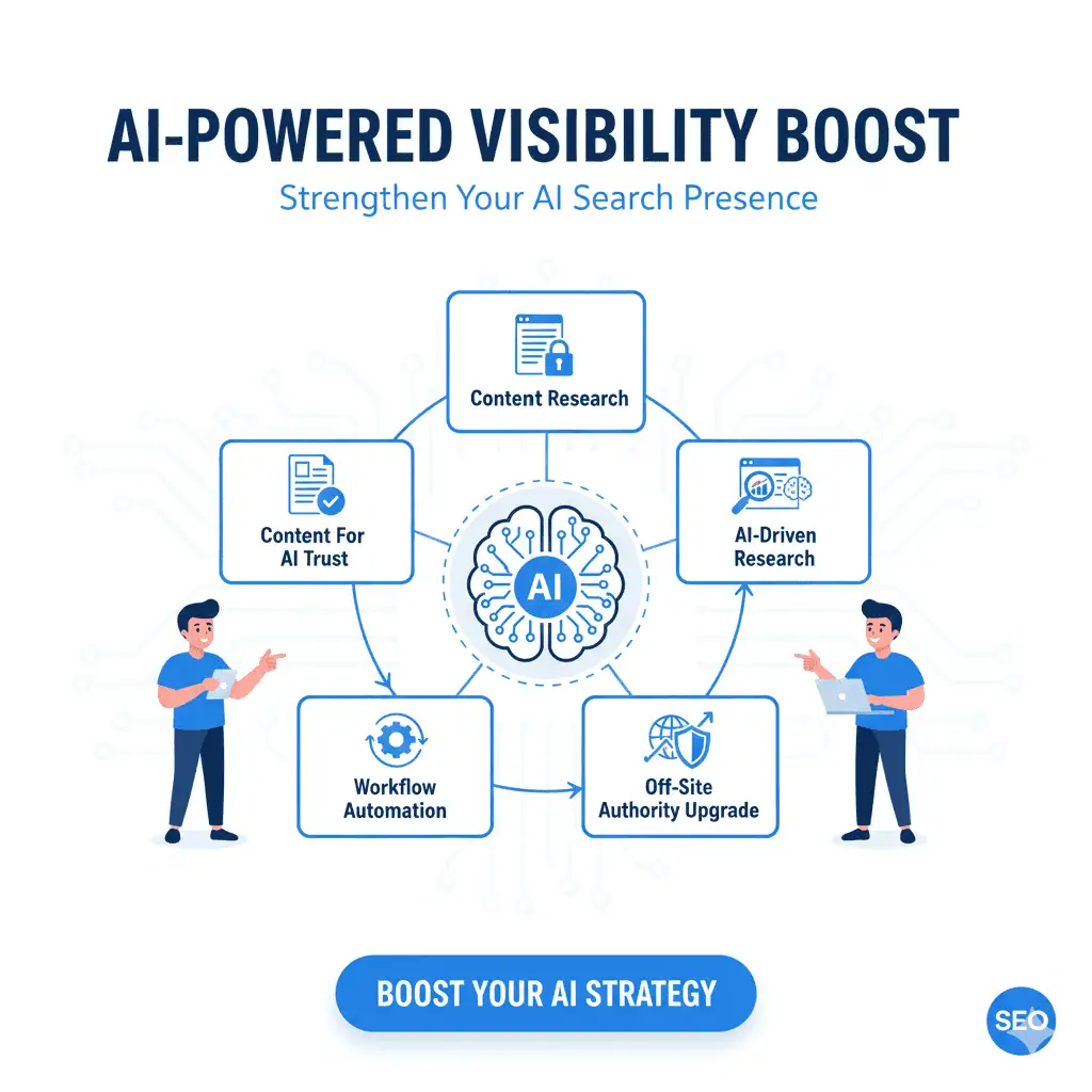 Infographic titled "AI-Powered Visibility Boost" showing a central AI icon connected to five areas: Content Research, AI-Driven Research, Off-Site Authority Upgrade, Workflow Automation, and Content For AI Trust.