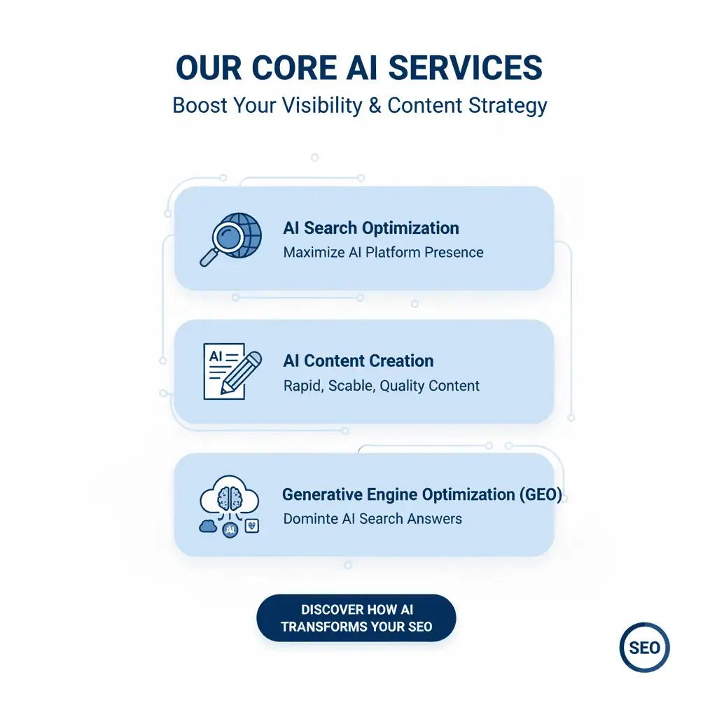 Infographic titled "Our Core AI Services" lists AI Search Optimization, AI Content Creation, and Generative Engine Optimization (GEO) with icons and brief descriptions, promoting AI for visibility and content strategy.