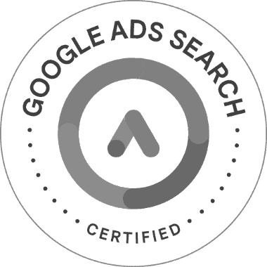 A round badge featuring the text "Google Ads Search Certified" surrounds a circular icon with a stylized "A" in the center, perfect for an SEO Company NYC showcasing Google Ads certification.