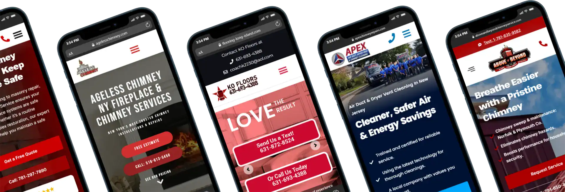 Responsive mobile screens showcasing various HVAC, chimney, and cleaning service company websites.
