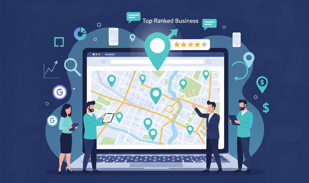Illustration of three people standing in front of a large laptop displaying a city map with location pins. One pin is highlighted as “Top Ranked Business” with a five-star rating above it. Graphs and icons surround the scene.