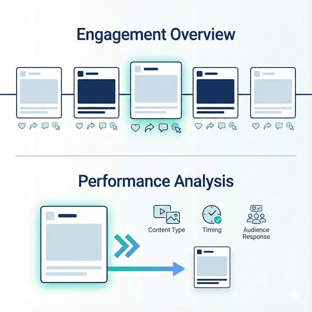 A graphic showing an "Engagement Overview" with social media post icons and engagement symbols, and "Performance Analysis" with arrows linking post icons to factors like content type, timing, and audience response.