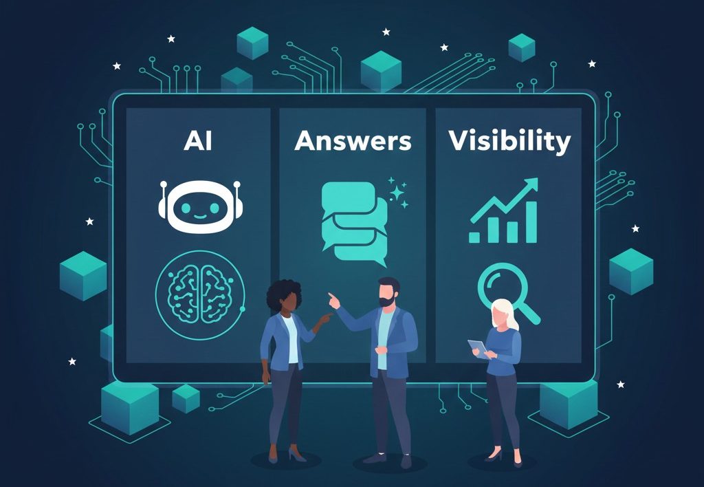 Three people stand in front of a digital screen displaying icons and words: "AI" with a robot, "Answers" with chat bubbles, and "Visibility" with a graph and magnifying glass, representing technology concepts.