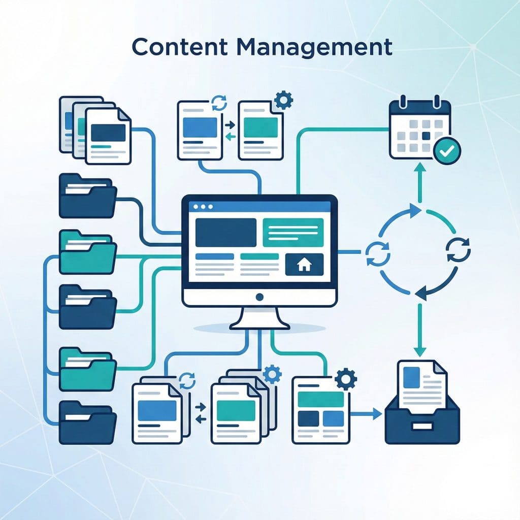 Illustration showing a computer monitor connected to folders, documents, a calendar, and workflow icons, representing organized content management and digital workflow processes.