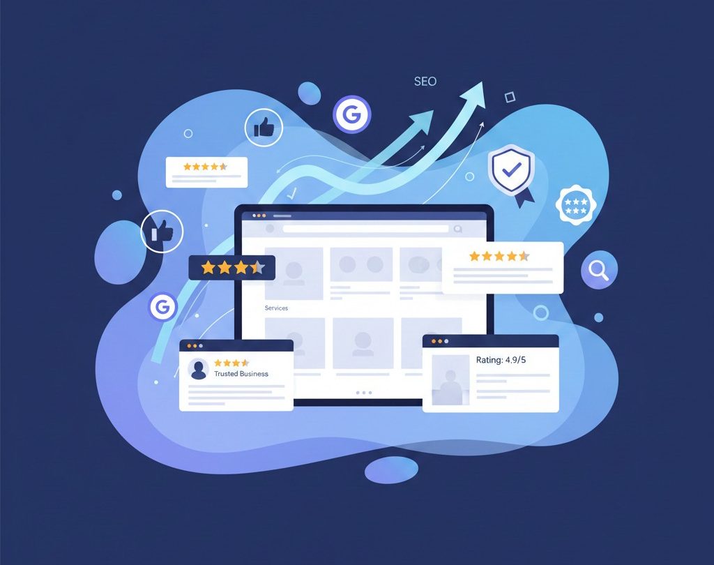 Illustration of a laptop surrounded by rating stars, thumbs up icons, charts, and SEO elements, representing online reviews, business reputation, and digital marketing on a blue abstract background.