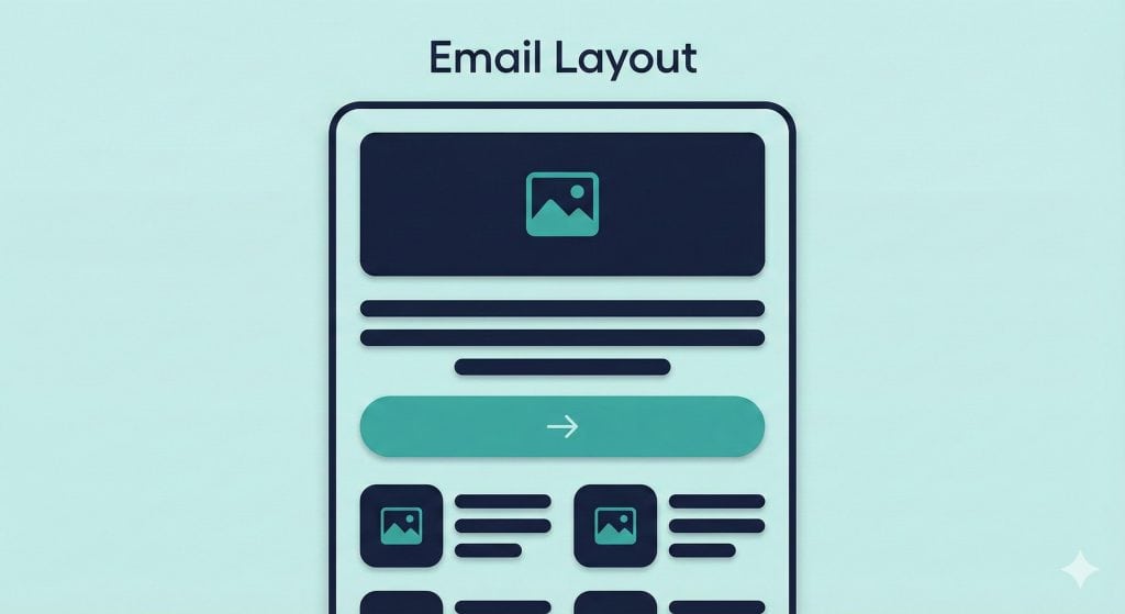 Minimalist illustration of an email layout, featuring a header image, text blocks, a prominent call-to-action button, and smaller image-text sections below, all in dark and teal tones on a light blue background.