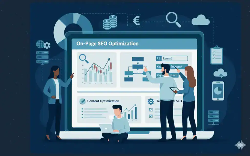 Illustration of four people analyzing data and charts on a large laptop screen displaying "On-Page SEO Optimization," graphs, and content optimization metrics, with digital icons in the background.