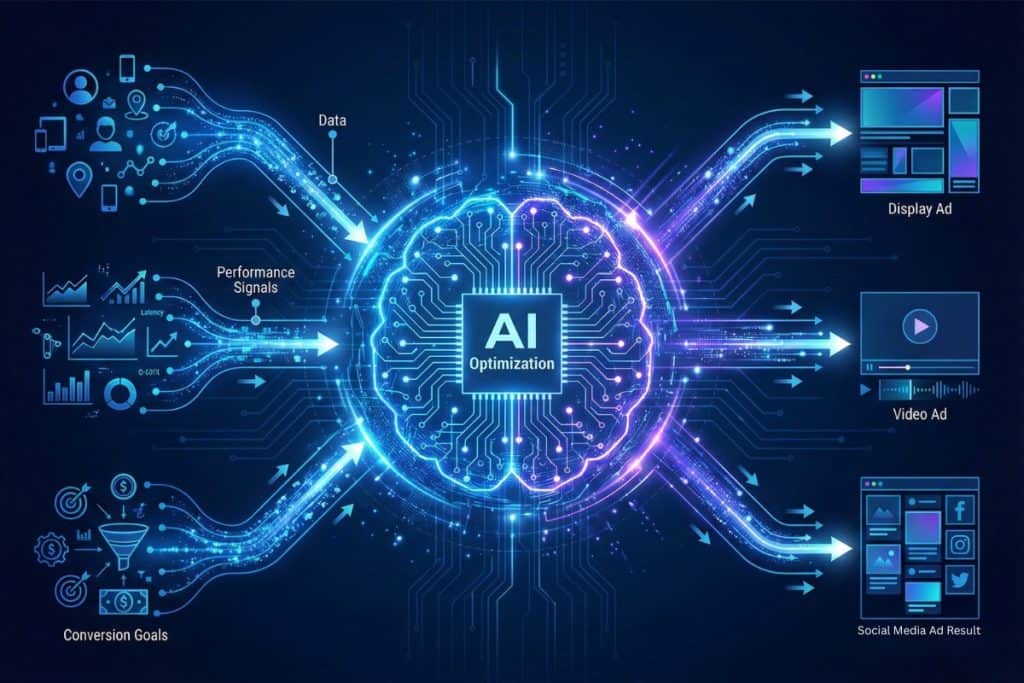 Digital illustration showing "AI Optimization" at the center, with data, conversion goals, and performance signals flowing in, and optimized outputs for display ads, video ads, and social media ad results flowing out.