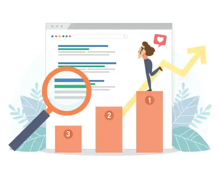 Illustration of a person climbing a bar chart from third to first place, with a magnifying glass highlighting the search results and an upward arrow, symbolizing growth and improved ranking.