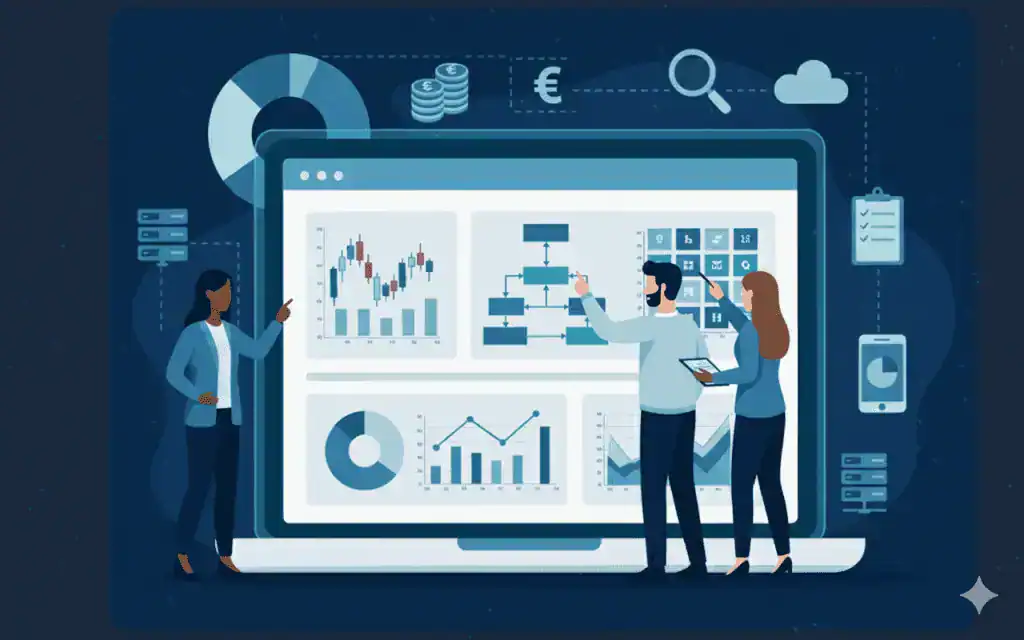 Three people stand in front of a large screen displaying graphs, charts, flow diagrams, and financial icons, collaborating and analyzing data in a modern digital workspace.