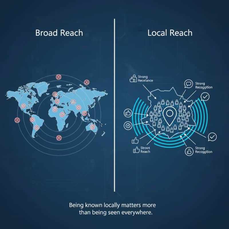 A split graphic compares broad reach (a world map with scattered red targets) and local reach (a network of people icons with blue circles and thumbs up). Text below reads: “Being known locally matters more than being seen everywhere.”.
