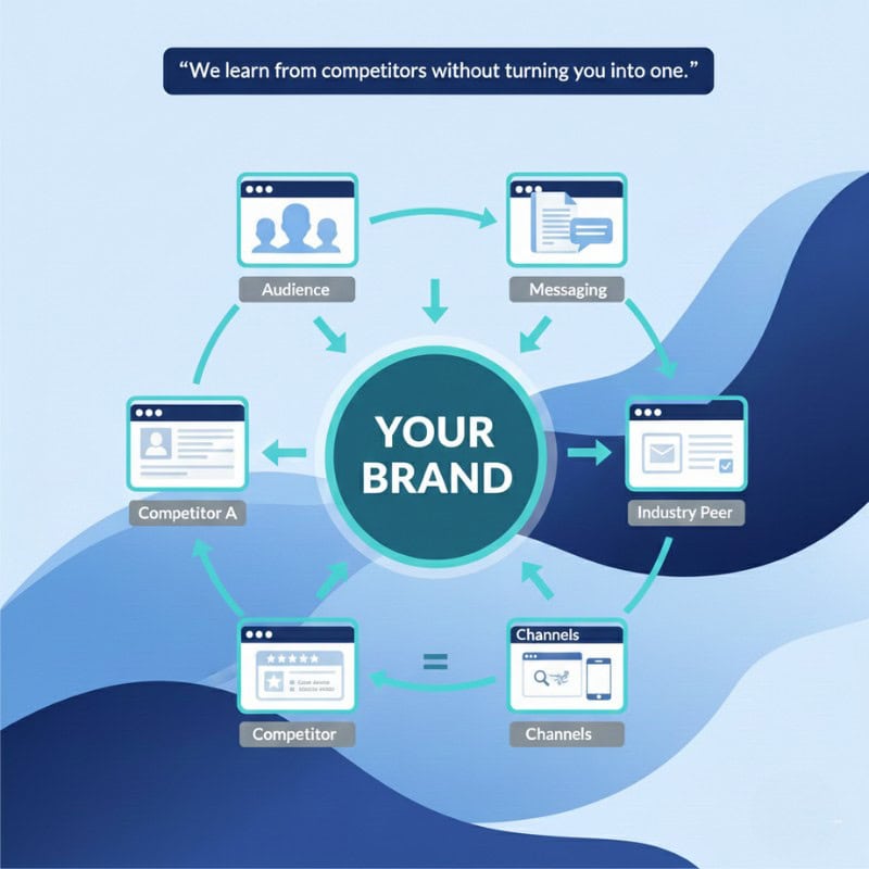 Infographic showing “Your Brand” in the center, surrounded by icons labeled Audience, Messaging, Industry Peer, Channels, Competitor, and Competitor A, with arrows connecting them. A quote appears at the top.