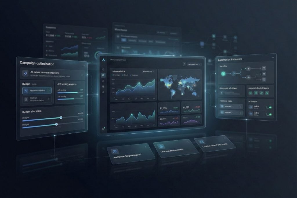 A futuristic digital dashboard displays various analytics, graphs, charts, a world map, and data panels for campaign optimization, audience segmentation, and automation indicators on floating, translucent screens.