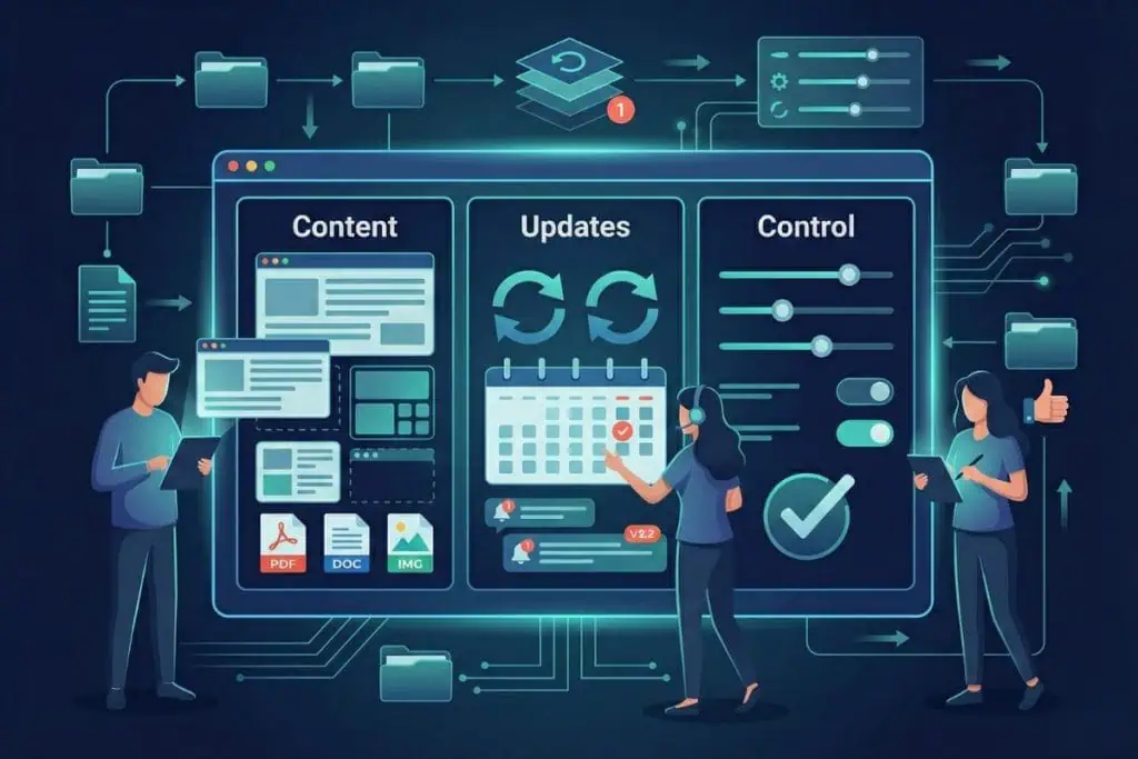 Illustration of three people interacting with a large digital interface showing sections for content, updates, and control, with icons for files, calendars, sliders, and checkmarks, representing data management and workflow.