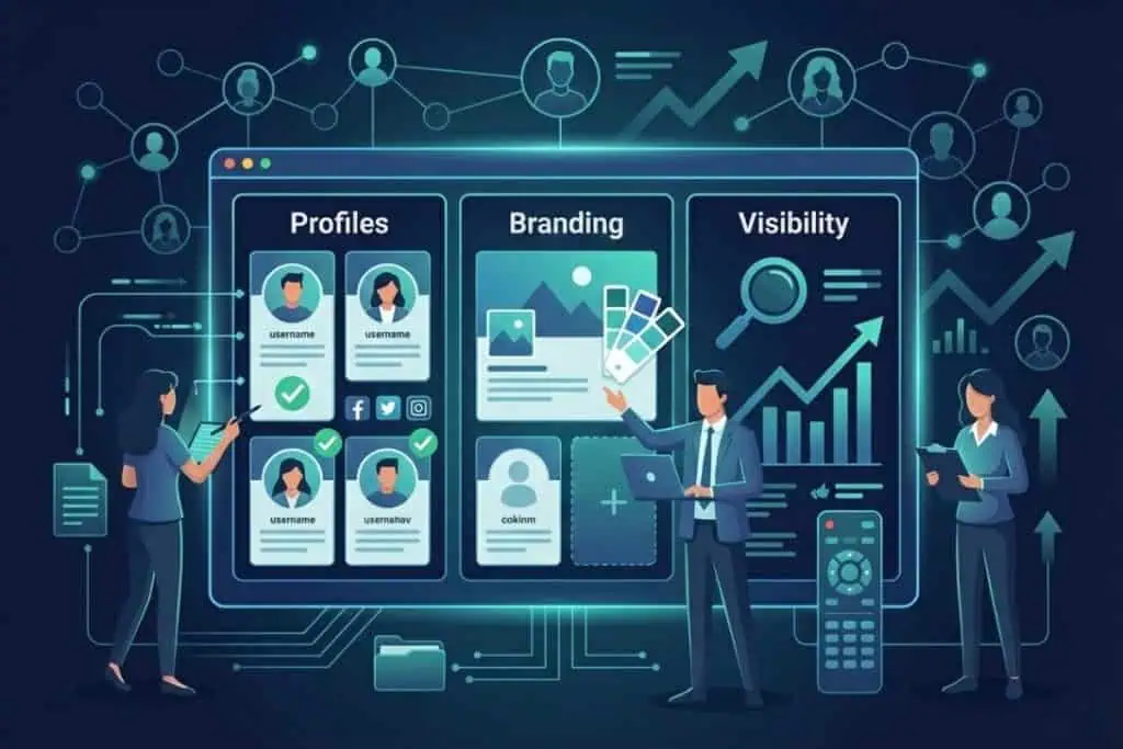 Three people analyze a digital dashboard with sections for Profiles, Branding, and Visibility. Icons, charts, and connected network symbols surround the screen, indicating business strategy and online presence optimization.