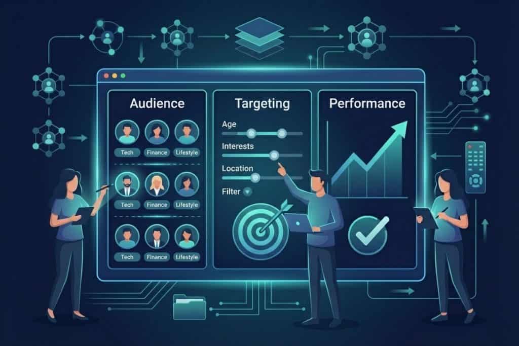 Illustration of three people analyzing audience data, targeting options, and performance metrics on a large digital dashboard, with charts, graphs, and technology icons representing data analysis and digital marketing.