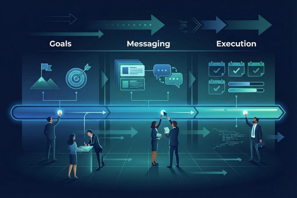 A digital illustration shows business professionals working under three sections labeled Goals, Messaging, and Execution, with icons representing each stage and a timeline connecting all three.