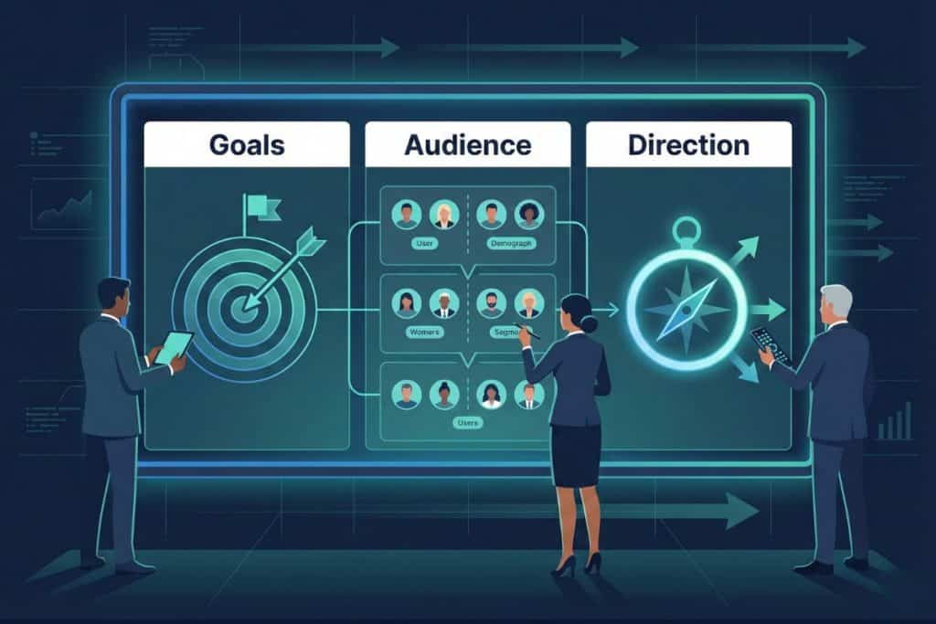 Three businesspeople stand in front of a large digital board displaying sections labeled Goals, Audience, and Direction, with icons depicting a target, audience profiles, and a compass.