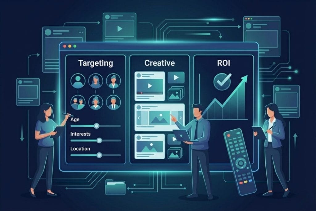 A digital illustration shows people analyzing a large screen divided into sections for targeting, creative content, and ROI, with charts, images, sliders, and graphs, representing digital marketing strategy and data analytics.