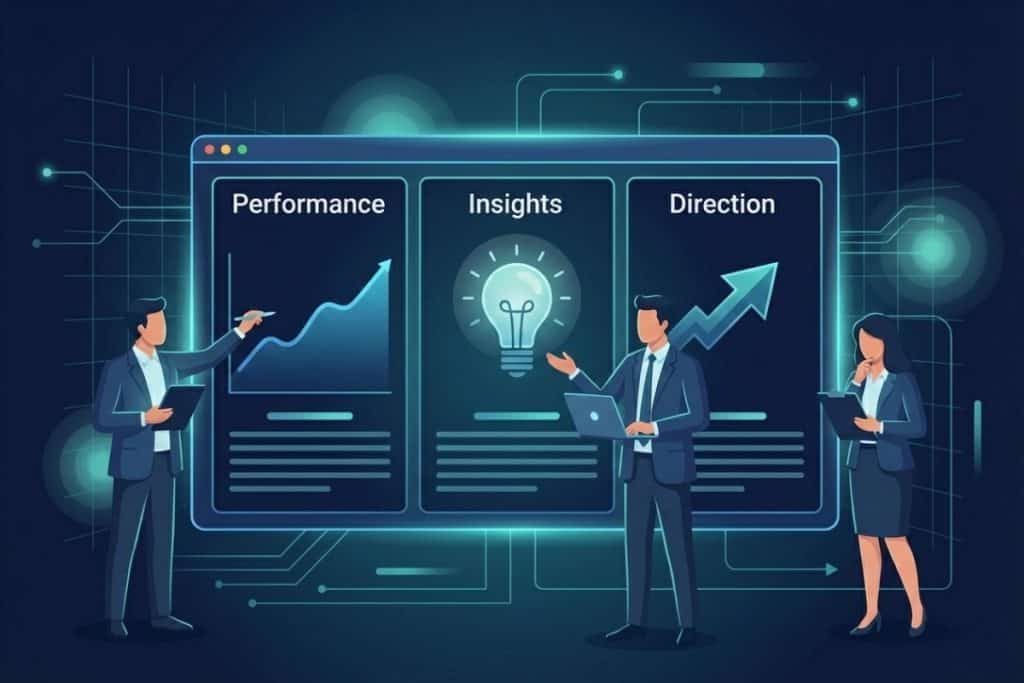 Three businesspeople analyze data on a large digital screen showing sections labeled Performance, Insights, and Direction, with charts and icons. Two men hold devices, and a woman writes on a clipboard.