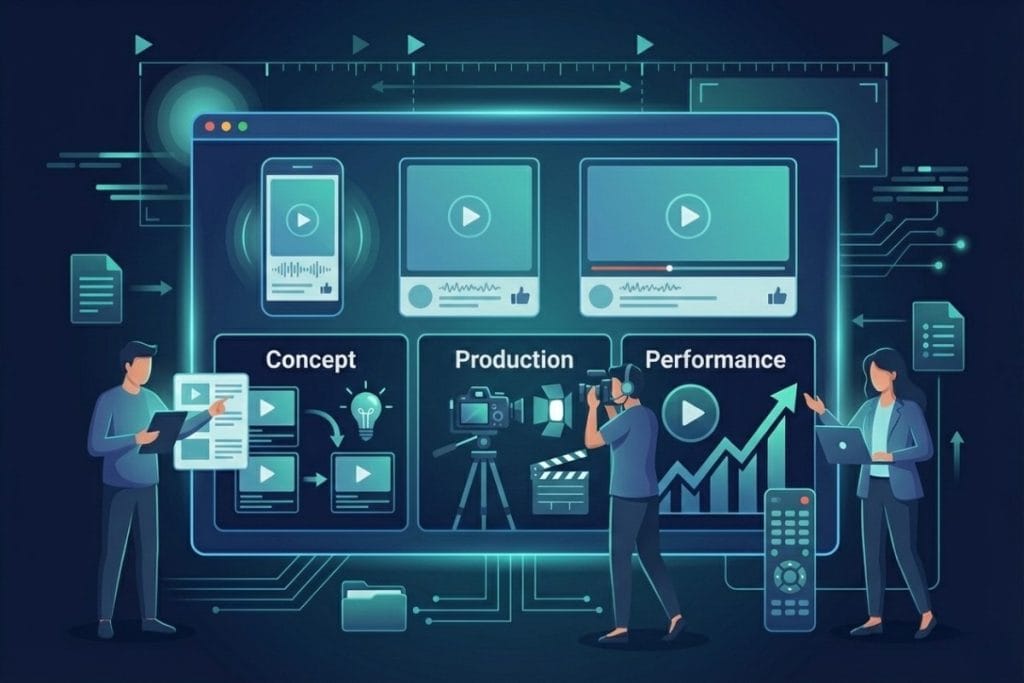 An illustrated scene shows people planning, filming, and analyzing media content. A large digital interface with “Concept,” “Production,” and “Performance” sections is surrounded by video icons, charts, and tech devices.