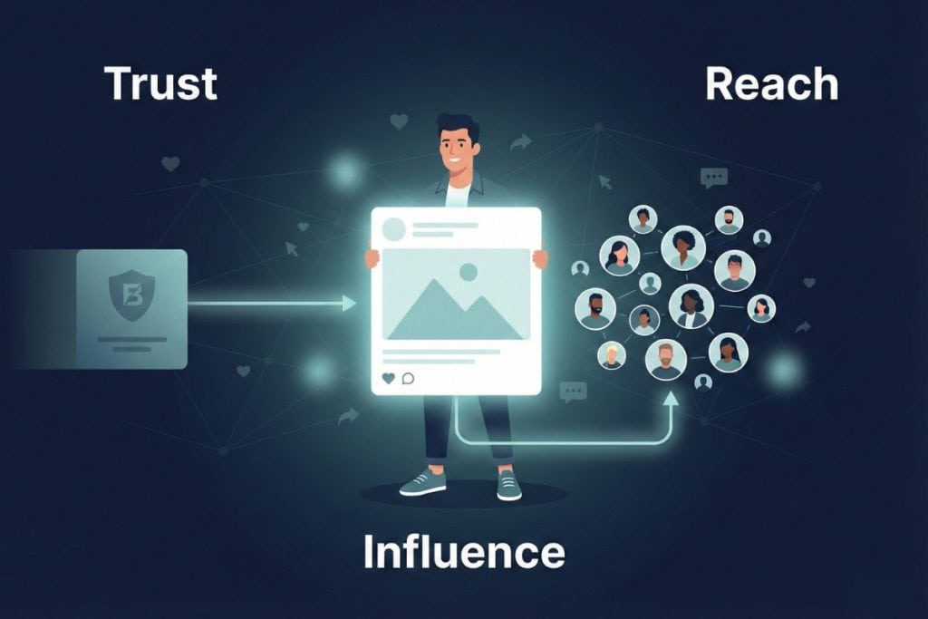 Illustration of a person holding a large social media post, with arrows showing "Trust" leading to "Influence" and connecting to a group of people labeled "Reach." Icons and connections represent social networking.