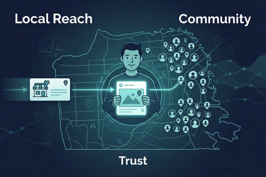 Illustration of a person holding a tablet over a map, with icons representing a local store, network connections, and a crowd. Words "Local Reach," "Community," and "Trust" are highlighted.
