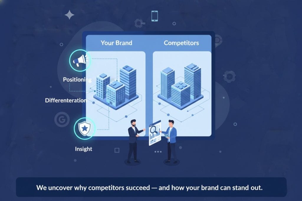 Illustration of two businesspeople analyzing charts in front of branded and competitor buildings, with icons for positioning, differentiation, and insight. Caption: "We uncover why competitors succeed—and how your brand can stand out.