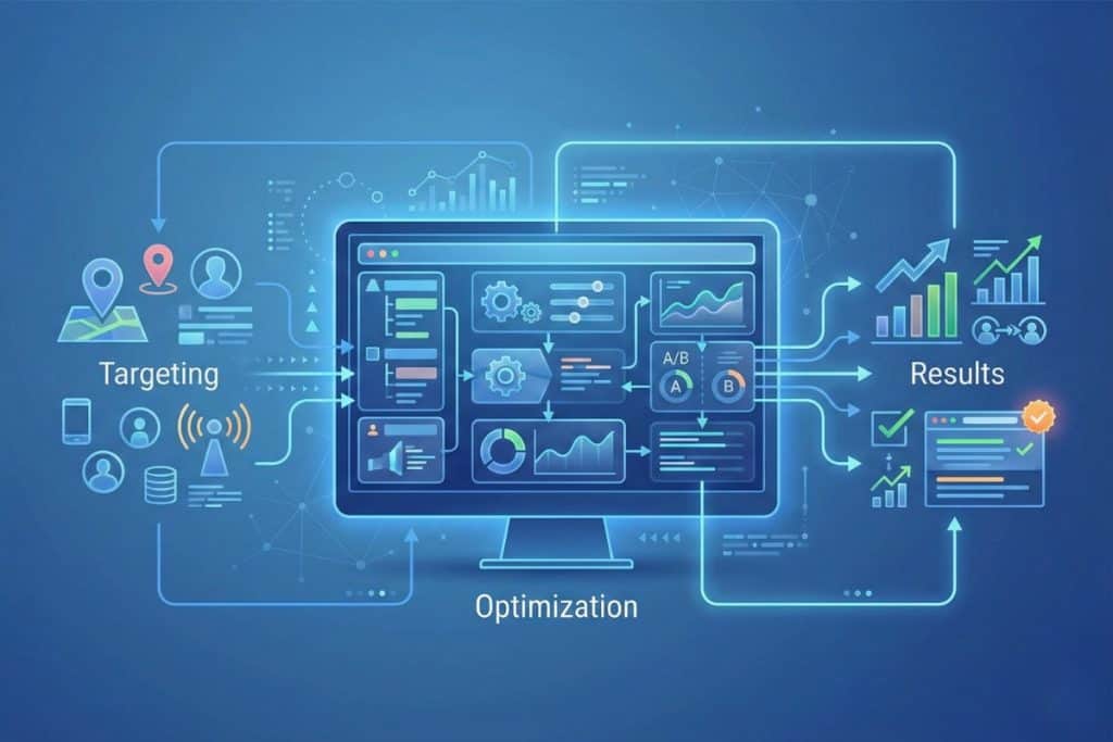 A computer screen displays data analytics and graphs, connected by arrows to "Targeting" icons on the left and "Results" graphs on the right, with "Optimization" labeled below the monitor, representing digital marketing processes.