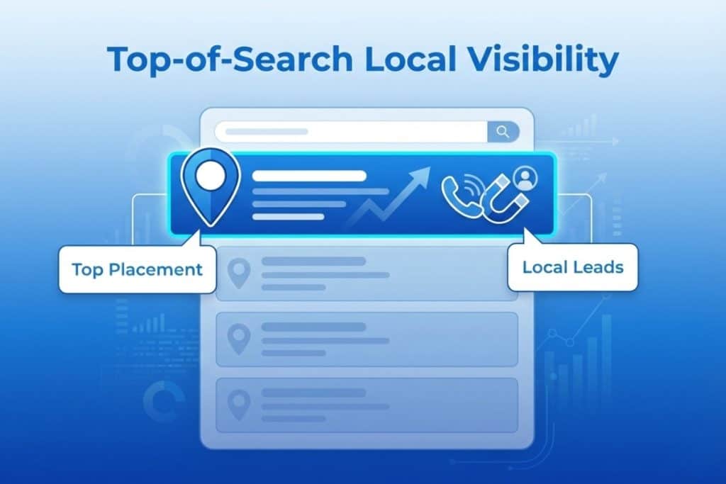 A graphic showing search results with a highlighted listing labeled "Top Placement" and "Local Leads," illustrating top-of-search local visibility for businesses. The background is blue with icons of a map pin and contact symbols.