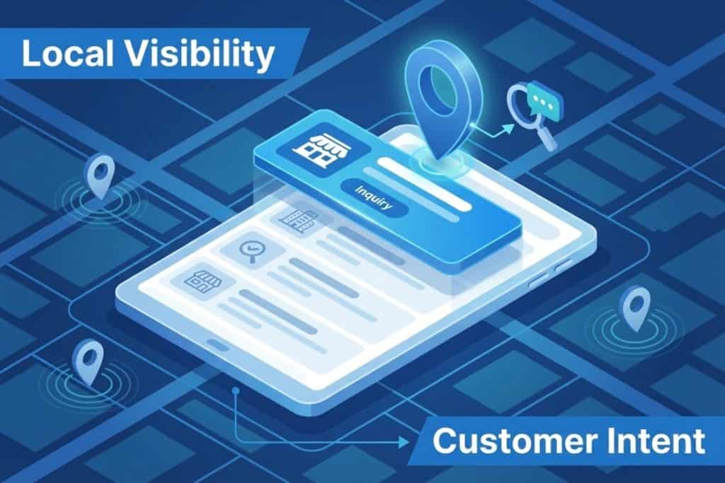 Illustration of a large smartphone displaying a local business search, with map location pins and icons. Text reads “Local Visibility” and “Customer Intent,” highlighting local business discovery online.