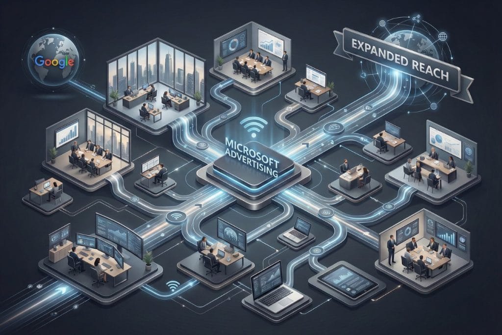 A network diagram shows Microsoft Advertising at the center, connecting multiple office environments, devices, and the Google logo, illustrating expanded digital reach and integrated online advertising.